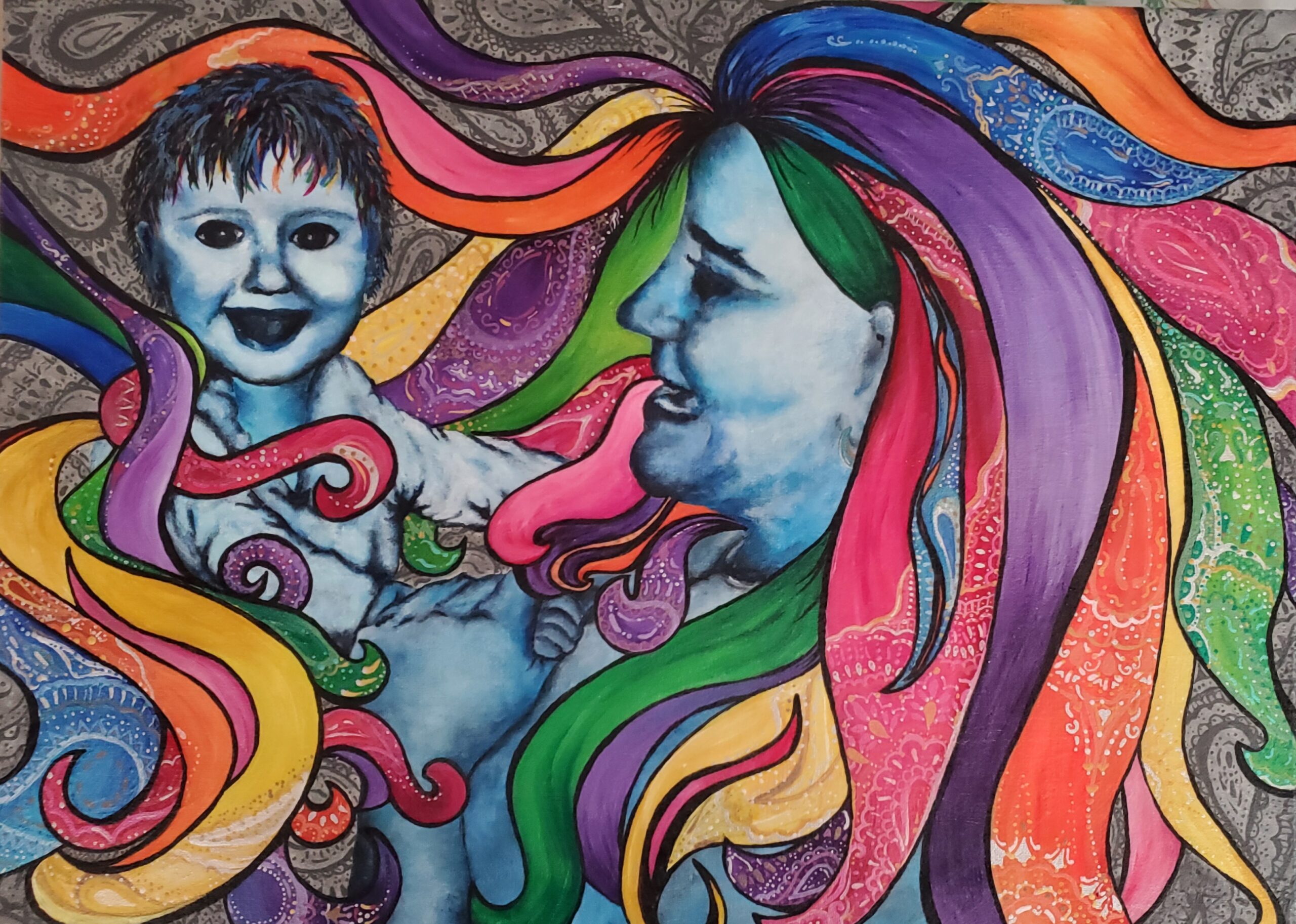 Colorful painting of two faces with flowing rainbow hair