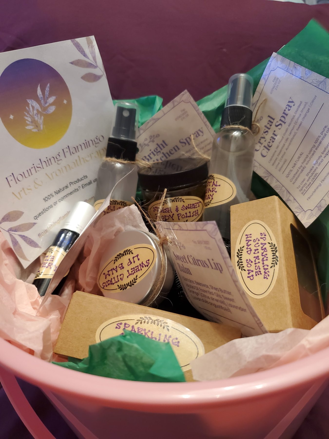 Pink gift bucket of handcrafted aromatherapy products