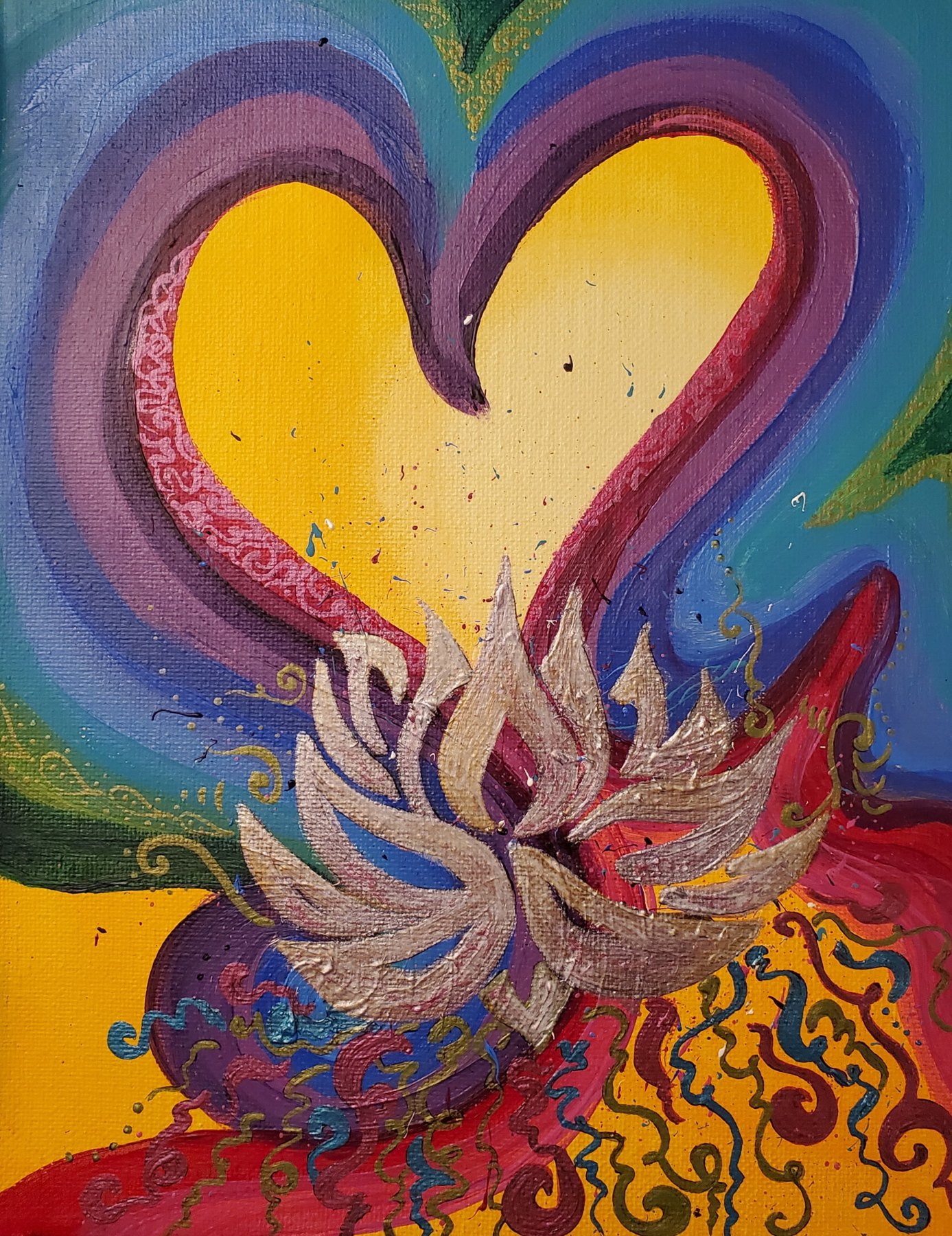 Colorful painting of a heart rising from a silver lotus