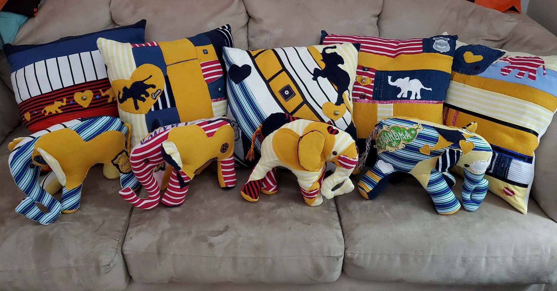 Patchwork memory pillows and stuffed elephants made from clothing