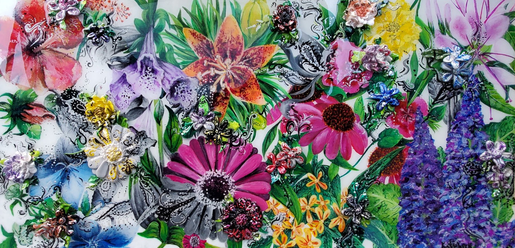 Large mixed-media floral painting with sculpted flowers