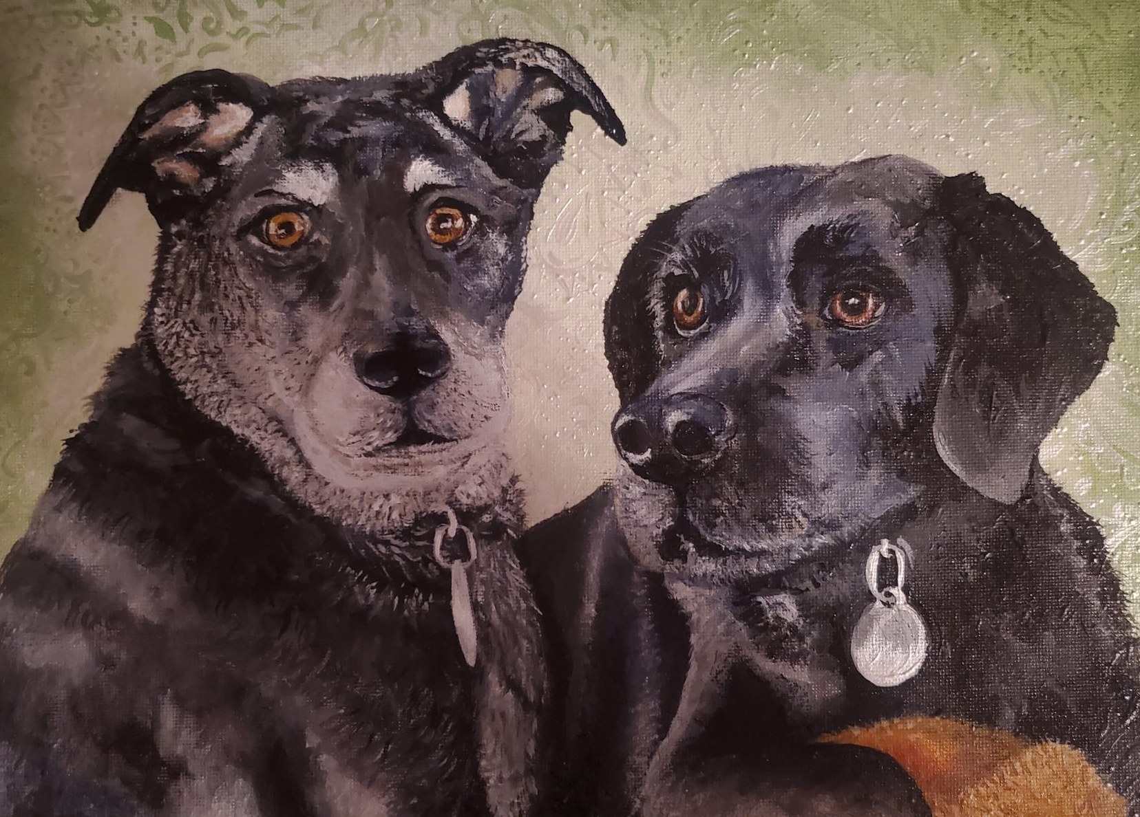 Painted portrait of two black dogs