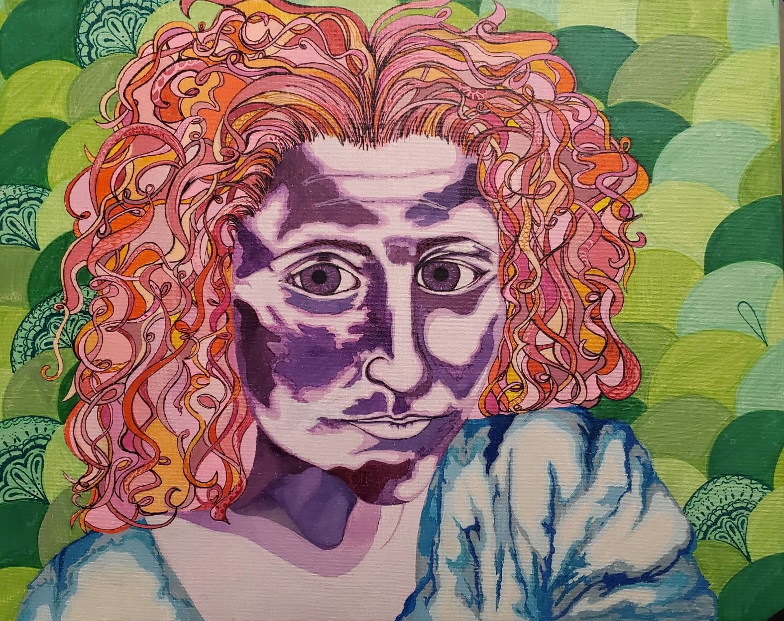 Portrait painting with purple tones and curly red hair